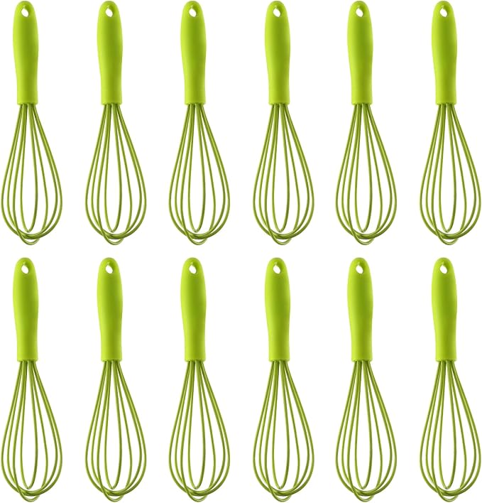 Compact Silicone Whisk (6.7 Inch), 12 Pack Portable Mini Balloon Mixer Egg Beater, Manual Handheld Milk Frothers, Household Egg Blender Small Silicone Egg Whisks for Cooking (Green)