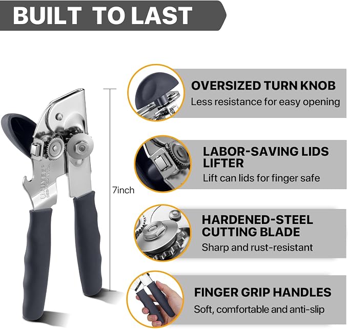 Can Opener Manual Heavy Duty, UHIYEE Hand Held Can Openers for Seniors with Comfort Grip Sharp Blade, Solid Steel Hand Manual Can Open with Magnet for Kitchen Camping, Gray