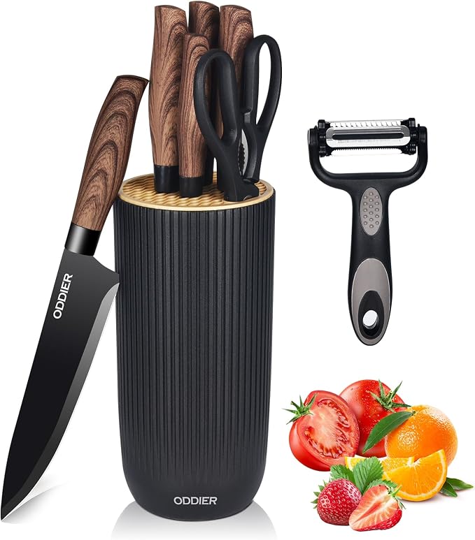 Knife Set, 8 Piece Kitchen Knife Set, Stainless Steel Knives Set for Kitchen, Universal Knife Block Set, Kitchen Kinfe Essentials, New Home Apartment Essentials, Dishwasher Safe (Black Wood-Grain)
