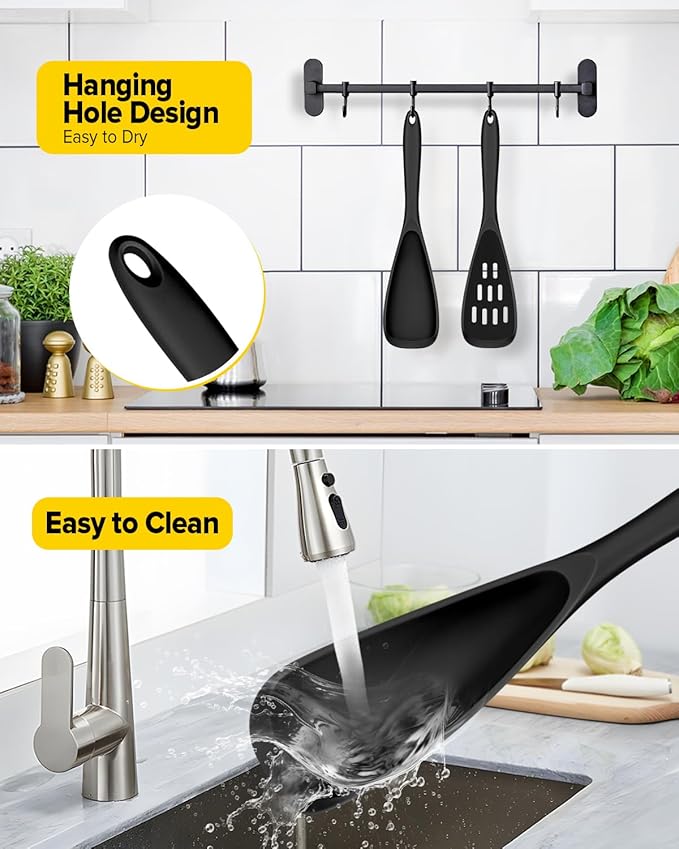 Pack of 2 Cooking Spoons for Non Stick Cookware, Multifunction Spatula Spoon BPA-Free, One-Piece Design, Suitable for Scooping, Scraping, Serving and Mixing(BLACK)