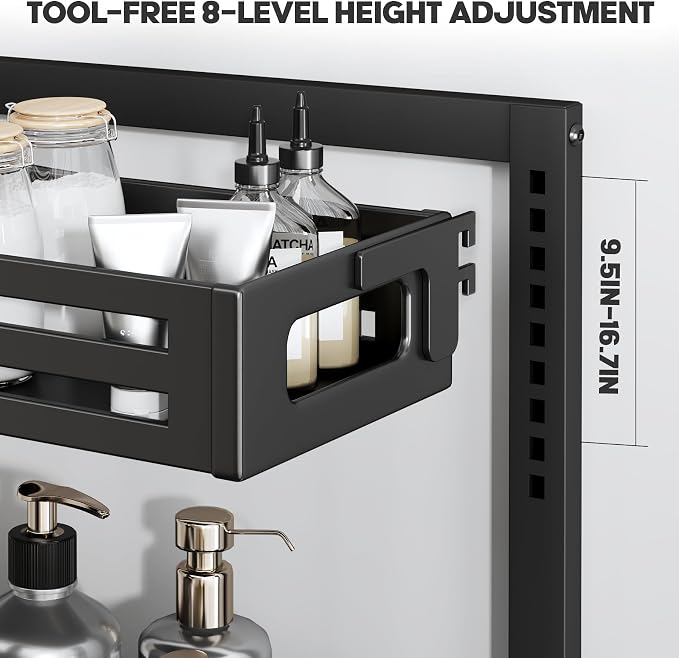 2 Pack Under Sink Organizer,Pull Out Cabinet Organizer with Smooth Cylindrical Rail,Metal Slide Out Drawer for Kitchen Bathroom Laundry Cabinet,8-Level Tool Free Height Adjustable-Black