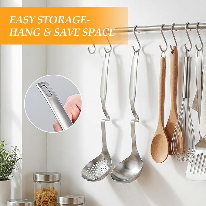 2 Pcs 12 Inch Stainless Steel Hot Pot Slotted Ladle Set, Soup Ladle Strainer Scoops Cooking Skimmer Utensil For Hotpot Scooping Sauce Serving
