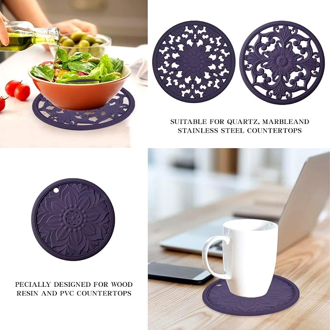 Silicone Trivet Mat,Set of 3 Heat Resistant Trivet for Hot Dishes Trivets for Hots Pots and Pans,Trivet Flexible Non Slip Potholder Hot Pads for Kitchen-Violet,A004V
