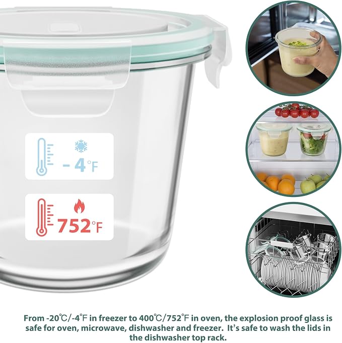 3 Cup/23oz Meal Prep Containers With Lids, Sourdough Starter Jar, 4 Pack | Borosilicate Glass, Food Storage, Airtight, Heat-Resistant, BPA-Free, Microwave Oven Dishwasher Freezer Safe