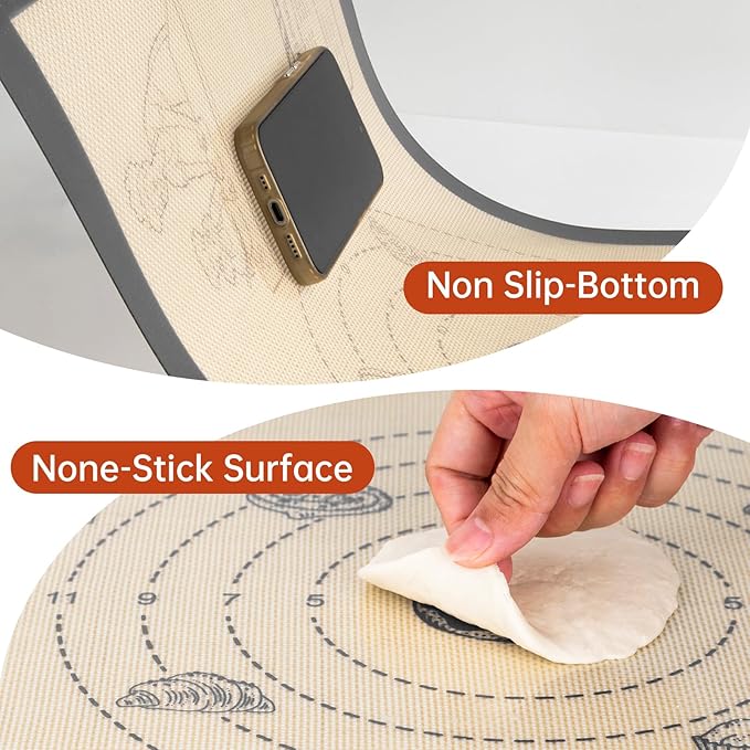 Silicone Baking Mat with 10 Easy Recipes, 0.7MM Extra Thick Silicone Mats for Baking, Kneading, Pastry Dough Rolling, Baking Essential for Cookie, Macaron, Bread, Pizza, Sourdough