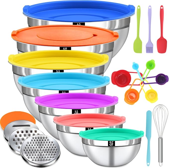 21PCS Mixing Bowls with Lids Set - 7 Nesting Mixing Bowls, 3 Graters, 11 Baking Tools, Lids, Stainless Steel Mixing Bowl for Mixing & Baking, Size 0.7/1.1/1.5/2.1/3.5/4/4.5 QT, Colorful