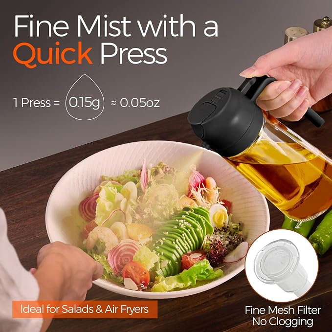 YARRAMATE 16 oz 2-in-1 Glass Olive Oil Sprayer for Cooking, Black&Black | Food-grade dispenser bottle, 470 ml, spray and pour, portion control, stickers included, for salad, frying and BBQ