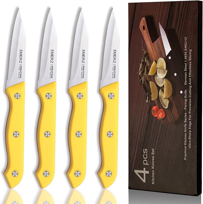 Paring Knives Set of 4,3.5inch, Stainless Steel Paring Knife,Ergonomic Handle,PP Triple Rivet,Sharp Small Cutting Knife for Peeling Coring Cutting,Yellow Pairing Knives for Fruit