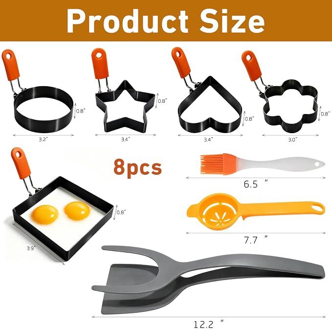 8 Pcs Nonstick Stainless Steel Egg Rings,Multi-Shape Egg Cooking Molds with Silicone Handle,Oil Brush & Egg Separator,Kitchen Griddle Accessories for Frying Eggs,Omelets,Pancakes,Muffins