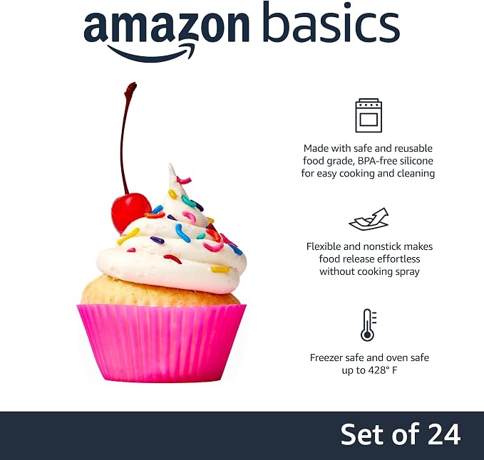 Amazon Basics Reusable Non-Stick Silicone Baking Cups, BPA Free, Dishwasher Safe, Easy to Remove, Food Grade, Oven Safe, 2.9 x 2.9 x 1.3 in (LxWxH), Multicolor, 24-Pack