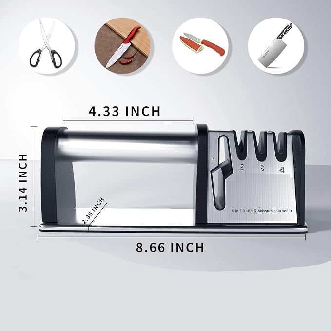 JCHOPE Knife Sharpeners, 4 in 1 Kitchen Blade and Scissors Sharpening Tool, Powerful Professional Chef's Kitchen Knife Accessories, Manual Knife Sharpener Kitchen (Silver), middle