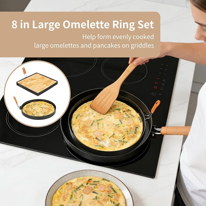 2 PCS 8 Inch Egg Rings for Frying Eggs, Round and Square Griddle Omelette Mold, Non-Stick Stainless Steel Pancake Ring with Foldable Silicone Handle, Includes Egg Separator and Oil Brush