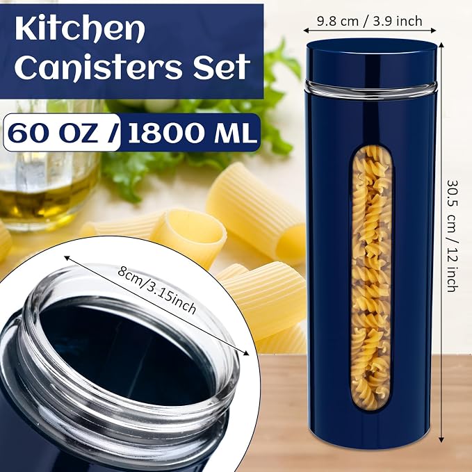 6 Pack Kitchen Canisters Set Airtight Coffee Sugar Tea Storage Jars with Window Glass Stainless Steel Containers with Lids for Flour Cookies Spices Grains Kitchen Decorations(Navy Blue,60 oz)