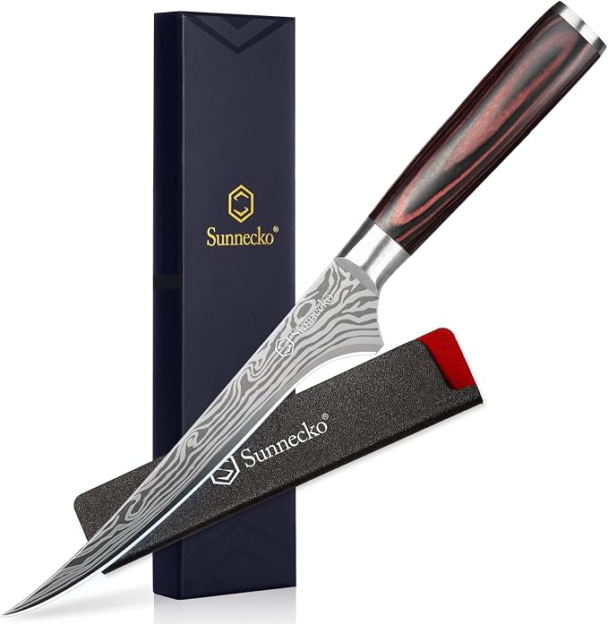 Sunnecko Boning Knife with Pakkawood Handle,6 inch High Carbon German Stainless Steel Fillet Knife for Meat and Poultry