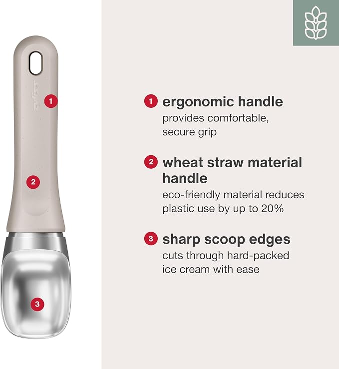 Zyliss Ice Cream Scoop - Stainless Steel Ice Cream Scoop - Dishwasher-Safe Scooper with Eco-Friendly Handle - Natural Beige