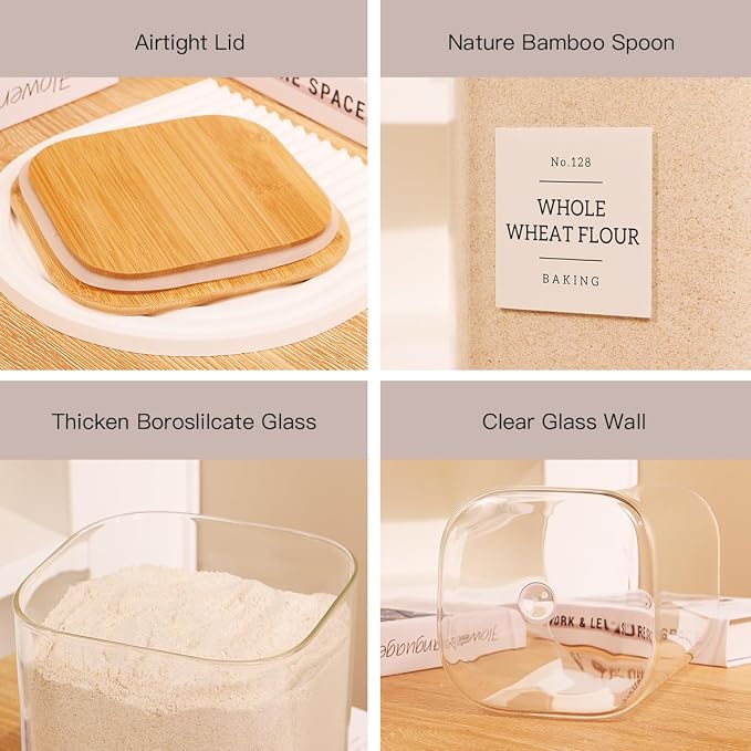 2 Pack large Square Glass Flour and Sugar Containers with 132 Kitchen Pantry Labels - Thicken 149 floz Glass Storage Jars with Airtight Bamboo Lid - Big Rice Canisters for Coffee, Pasta, Cereal
