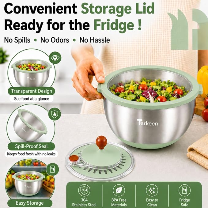Stainless Steel Salad Spinner with Storage Lid, BPA-Free Lettuce Spinner, 5-in-1 Salad Bowl & Fruit Cleaner with Non-Slip Base, Dishwasher Safe, 5 Blade Slicer & Egg Yolk Separator, 5.3Qt