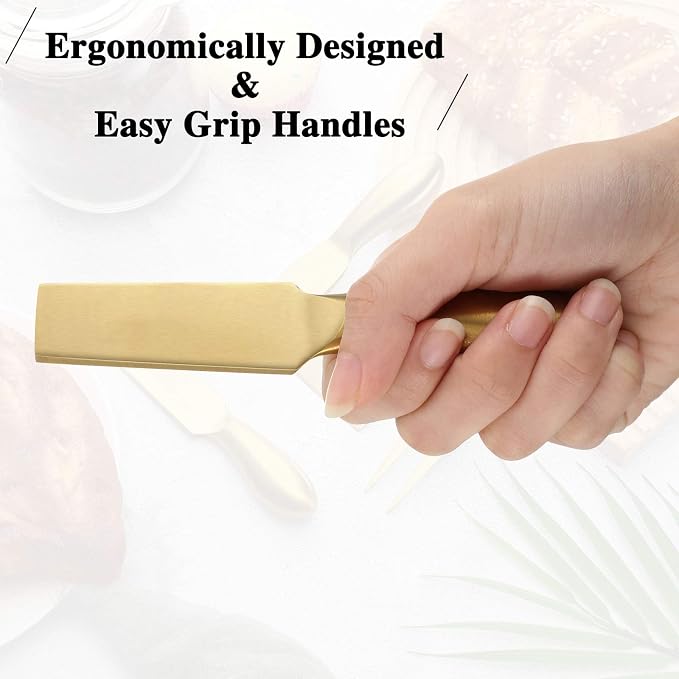 Patelai 4 Pcs Gold Cheese Knives Set Gold Knife Fork Slicer Butter Knife Spreader Stainless Steel Charcuterie Accessories for Kitchen Cooking Gift Gathering Wedding Birthday Party