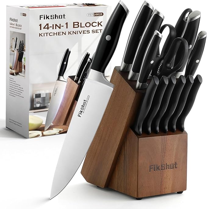 Fikshot Knife Set, German Stainless Steel, Black, 14-Piece kitchen knives | Full Tang Handle, Ultra-Sharp, Knife Block & Sharpener Included, Rust-Resistant, Dishwasher-Safe, , Gift for Chefs