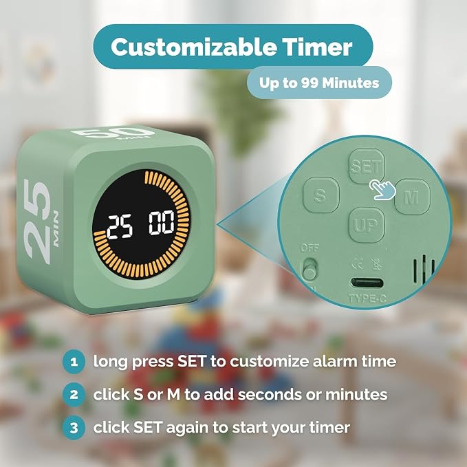 KADAMS Pomodoro Cube Timer Productivity Visual Timer - 5/10/25/50 Min Rotating Countdown (1, Green)