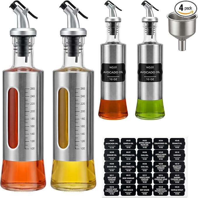 Olive Oil Dispenser for Kitchen, 4 Pack 10oz/300 ML Cooking Oil and Vinegar Dispenser Set with 20 Labels Stainless Steel Funnel, Olive Oil Bottle, Soy Sauce Dispenser, Coffee Syrup Bottles