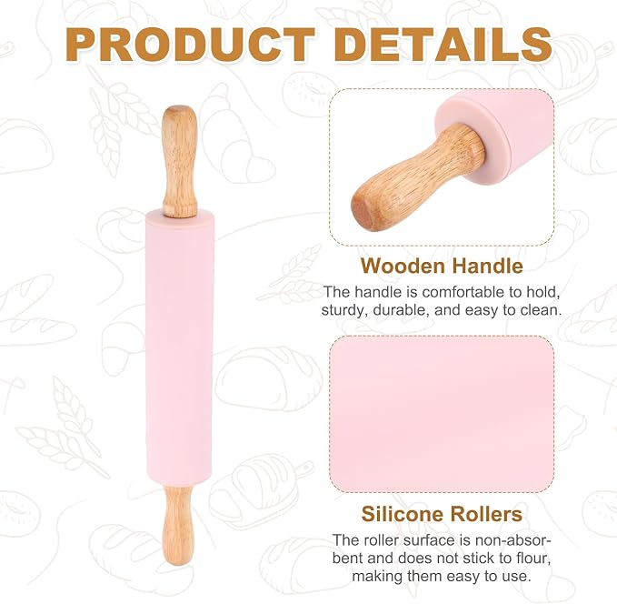 uxcell Rolling Pins for Baking, 12 Inch Silicone Non-Stick Rolling Pin Baking Roller Wooden Handle for Home Kitchen Dough Cookies Pastry, Pink