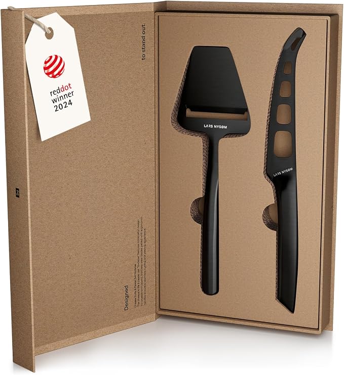 LARS NYSØM Cheese Slicer and Knife Set 2 pcs. I Cheese Knife Set & Cutter Made of Stainless Steel (Carbon Black)