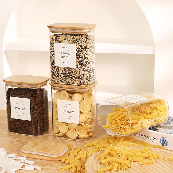 4 Pack Square Glass Pantry Storage Containers with 132 Kitchen Food Pantry Labels - 34 floz Clear Glass Pantry Jars with Airtight Wood Bamboo Lids - Glass Canisters for Tea, Cereal, Coffee, Spice