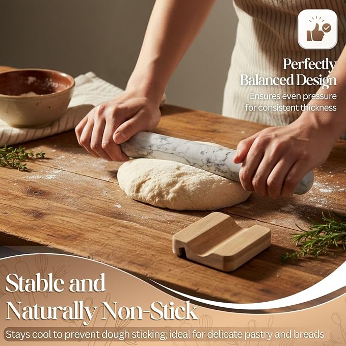 Flexzion French Rolling Pin, 12 Inch White Marble Rolling Pins for Baking with Wooden Base Holder Stand - Non-Stick Baking Roller for Baking Fondant, Crust, Pastry, Cookies, Pizza, Pasta