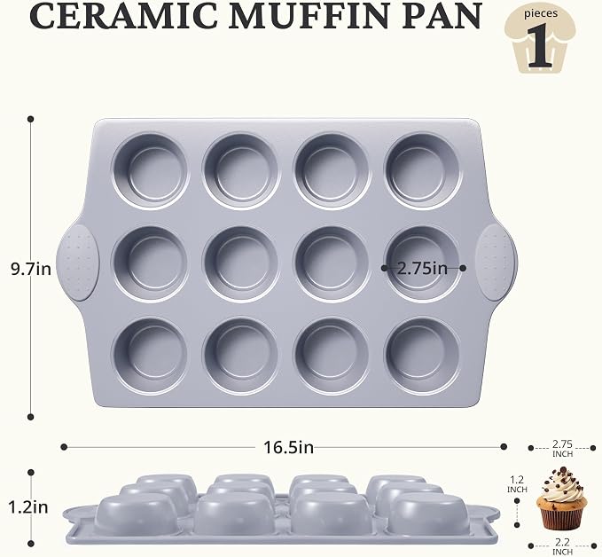 BRONYPRO 12-Cup Non Toxic Nonstick Ceramic Muffin Pan & Cupcake Tin, PFOA & PFOA Free, Heavy Duty Rust-Resistant Aluminized Steel, Oven Safe, Light Gray