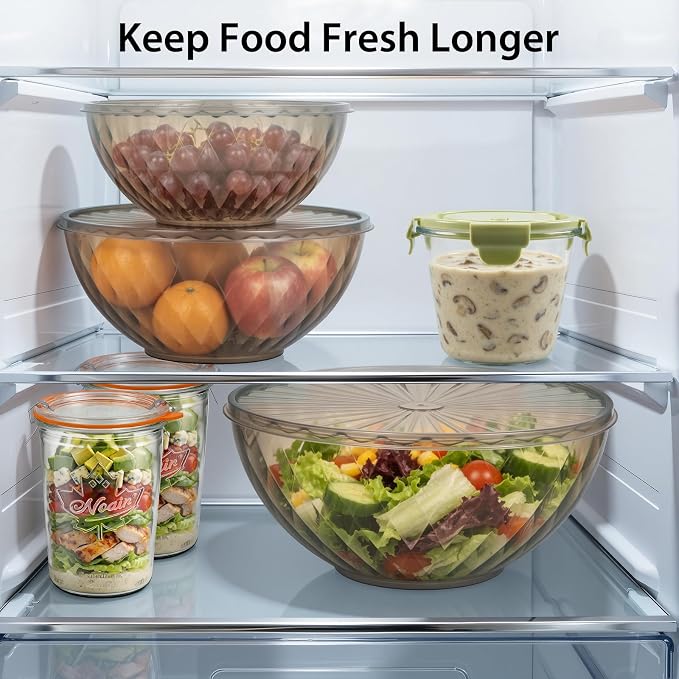 Plastic Mixing Bowls with Lids, 6 Piece Nesting Bowls Set for Kitchen | One-Press Lids, Meal Prep, Salad Mixing, Serving, Storing, Dishwasher & Microwave Safe, 5.3/3.2/1.9/1.2/ 0.6/0.3 QT