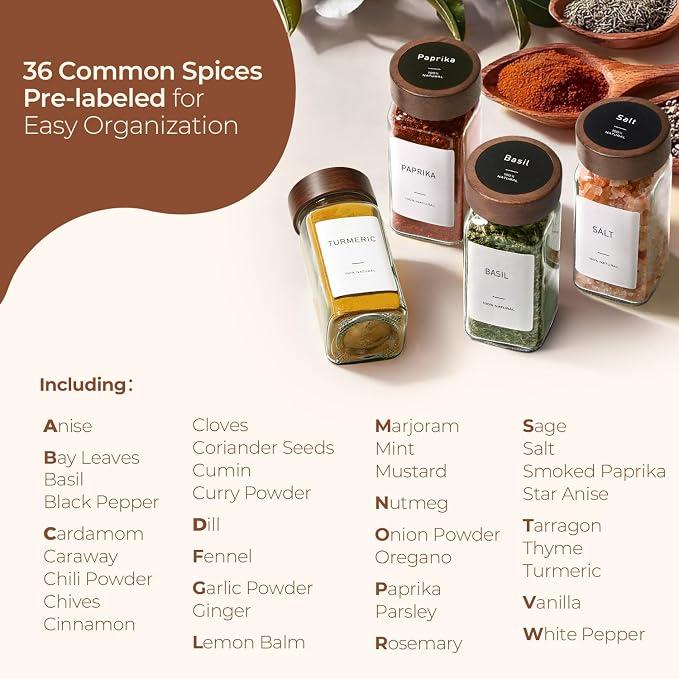 ComSaf Glass Spice Storage Jars with Acacia Wood Lids & Labels 4Oz 24Pack | Seasoning Container for Cooks, Herbs Pepper Salt Cinnamon Paprika, Spice Rack & Drawer, Canister with Shaker Insert & Funnel