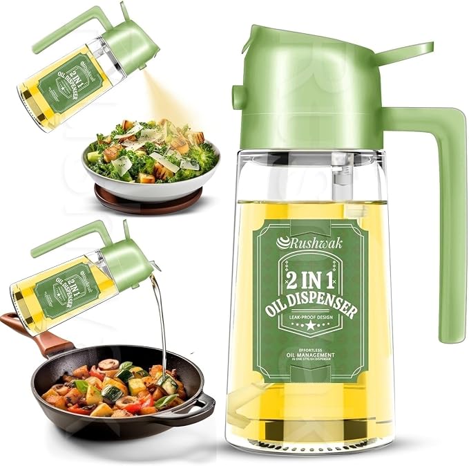 2 in 1 Oil Sprayer & Dispenser 500ml Glass Bottle for Cooking, Air Fryer, Salad, BBQ, Roasting