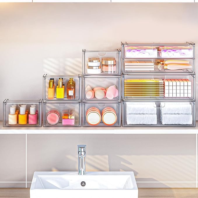 6-Pack Acrylic Stackable Storage Drawers for Vanity, Desk, Bath | 2 large & wide 13" drawers, Smooth-glide, stackable, clear body, dustproof, wipe clean, for makeup, pantry jars, under sink