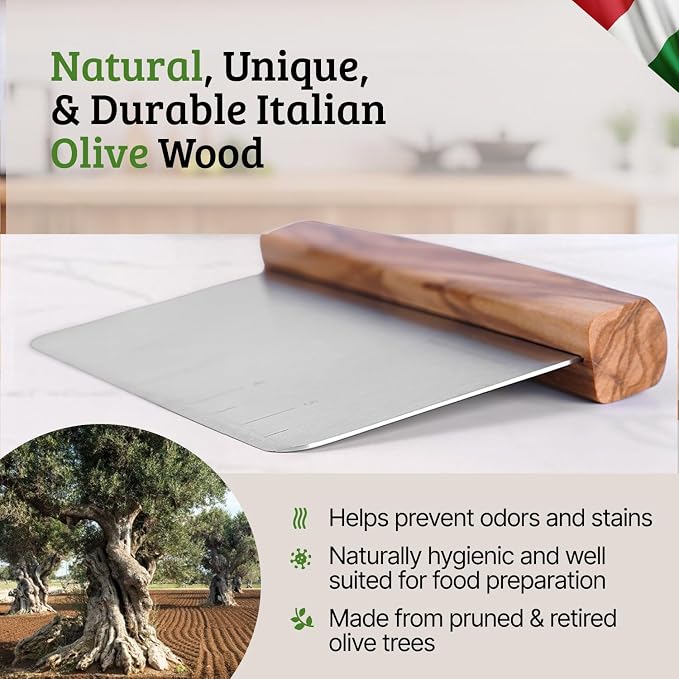 Olive Wood 3"x 6" Bench Scraper for Bread, Stainless Steel Kitchen Utensils Dough Scraper Rounded Corners | Gifts for Sourdough Bakers | Bread Baking Supplies | Vegetable Chopper Pizza Cutter