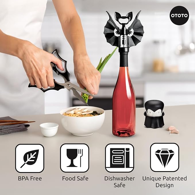 Boo-tiful Crew Bundle of Elizabat, Vino, Gracula - Halloween Kitchen Decor Goth Accessories, Cool Kitchen Gadgets, Bat Scissors, Spooky, Witchy Bottle Opener, Garlic Crusher, Spooky Funny Gifts