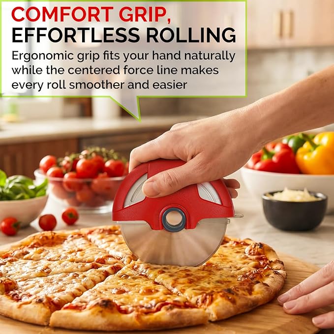 UHIYEE Palm-Grip Pizza Cutter Wheel with Protective Blade Guard, 4.3" Detachable Stainless Steel Pizza Slicer for Deep Dish Crusts, Easy Cleaning, Red