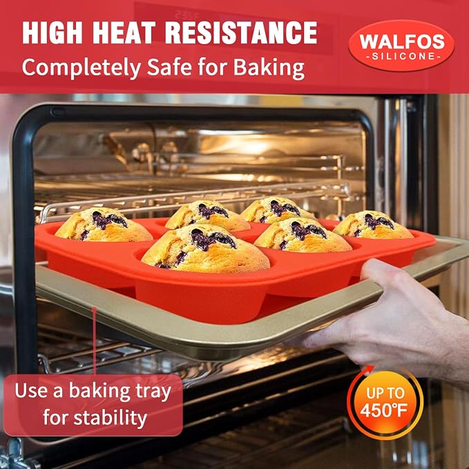 Walfos Silicone Muffin Pan - 6 Cup Non-Stick Silicone Cupcake Pan, Just Release! Food Grade and BPA Free Baking Cups, Perfect for Egg Muffin, Cupcake, Dishwasher Safe (2 Pack Muffin Pan)