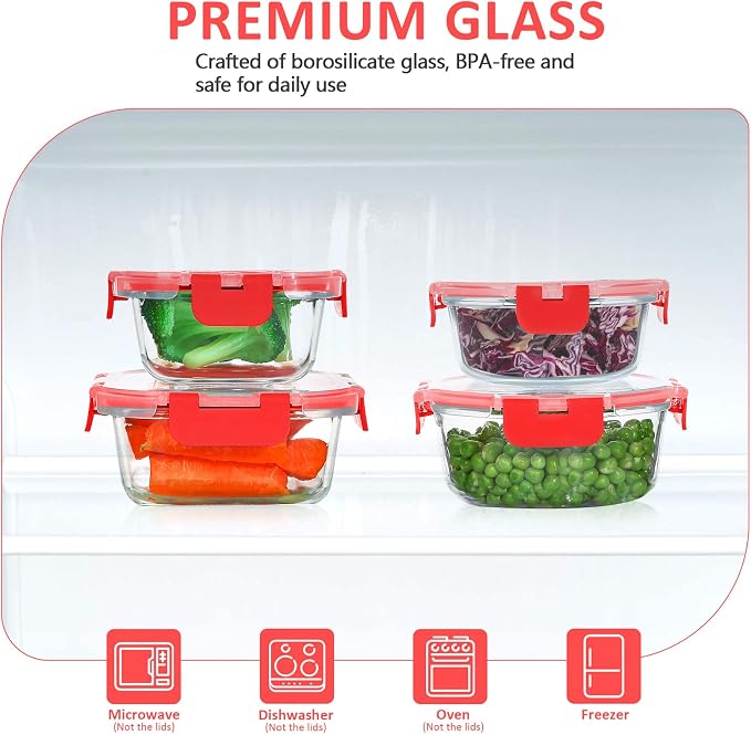 24 Pieces Glass Food Storage Containers Set, Red | Meal Prep Containers, BPA-Free, Airtight Glass Storage Containers with lids, Freezer, Microwave and Oven Safe