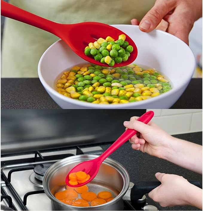 Linwnil 4 Pieces Silicone Slotted Spoons,10.6 Inch Nonstick Mixing Serving Spoons for Kitchen Cooking Bake Stir Draining Tool (2, Red)