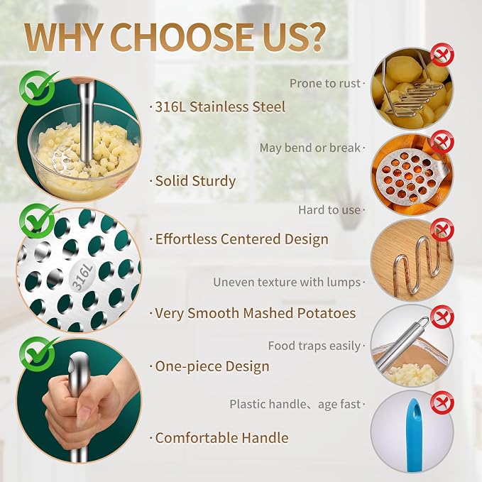 316L Potato Masher Stainless Steel, BOMANSI BOMS Sturdy Mashed Potato Masher Kitchen Tool, Solid Integrated Potatoes Smasher for Beans, Avocados, Squash, Dishwasher Safe