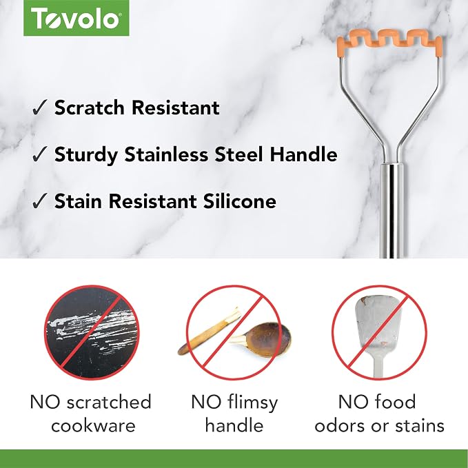 Tovolo Silicone Potato Masher Stainless Steel Handle Apricot Orange Dishwasher Safe Heat Resistant Non Scratch Handheld Coil Wire Potato Smasher for Nonstick Pans Ergonomic Kitchen Food Prep Tool