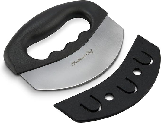 Checkered Chef Salad Chopper Tool with Cover | Mezzaluna Knife, Stainless Steel, Vegetable Rocker, Mincer, Cutter