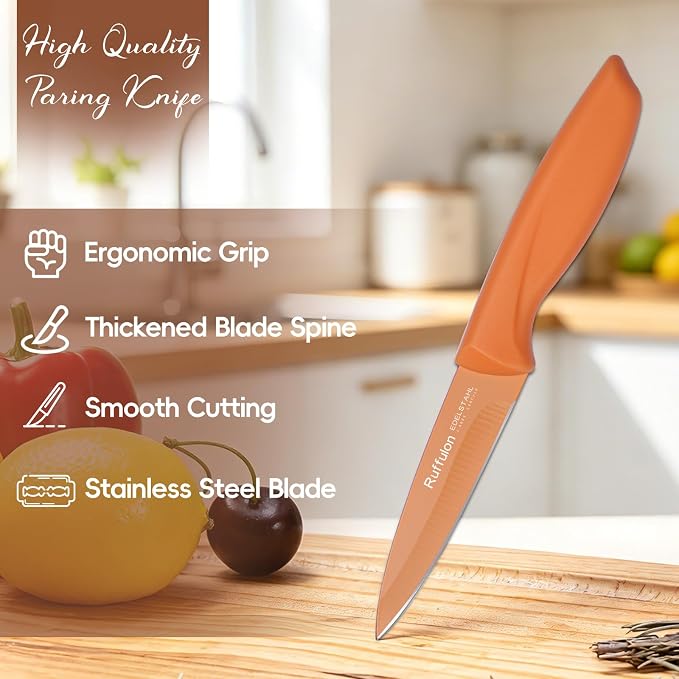Paring Knife set of 4, 3.5-inch Orange Stainless Steel Peeler. | Straight blade with pointed tip design PP plastic ergonomic handle Specifically designed for cutting fruits and vegetables