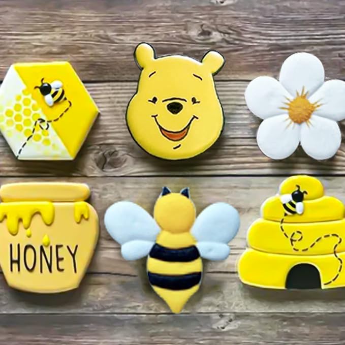 6Pack Bee Cookie Cutters Set, Beehive,Honey Jar,Winnie the Pooh,Flower Shapes Stainless Steel Biscuit Molds for Honey Bee Party Baking Muffins Sandwiches Cake Fondant Birthday Decoration