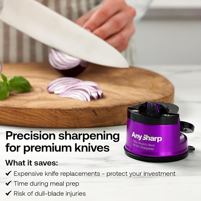 AnySharp – Pro – Hands Free Knife Sharpener - Easy to Use Sharpening Tool with PowerGrip Suction Base and 20-Degree Pre-Set Angle - for All Knives: Chef's, Serrated, and Hardened Steel - Purple (UV)