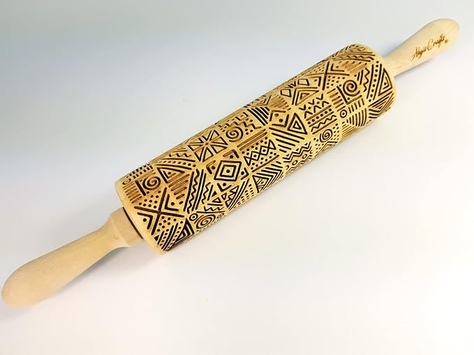 AFRICA Embossing Rolling Pin Dogh Roller with Tribal Pattern for Embossed Cookies and Pottery by Algis Crafts