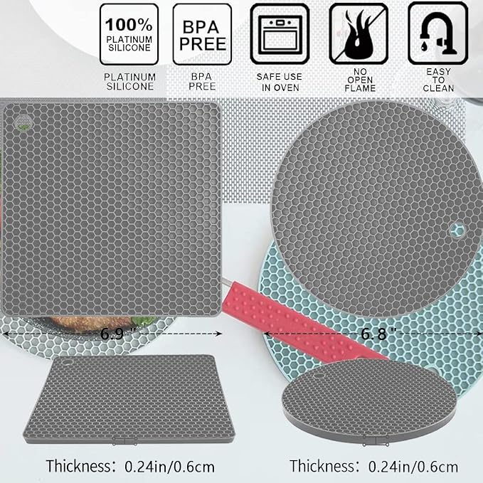 Silicone Trivet Pot Mat, Silicone Pot Holders for Hot Pan and Pot Pads. Heat Resistant Counter Mats for Tables Placemats,Countertops, Spoon Rest and Large Coasters,4 Pack Gray(2 Squared + 2 Round)