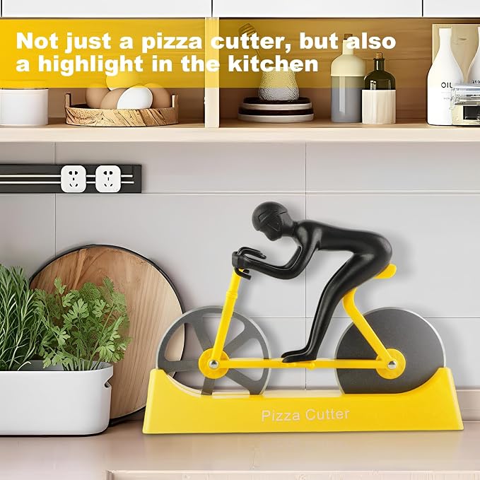 Bike Pizza Cutter,Bicycle Pizza Slicer,Stainless Steel Pizza Cutter Wheels with Stand,Unique Kitchen Gadget,Gifts for Cyclists Men,Cool Men’s Gift