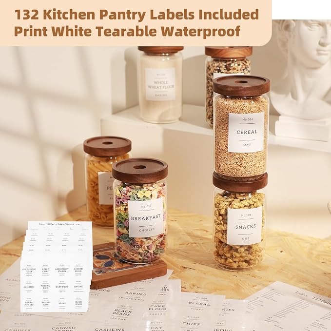 6 Pack Glass Canisters with Airtight Acacia Lids and 132 Kitchen Pantey Labels Preprint - 24 Fl Oz Borosilicate Glass Pantry Storage Jars Containers with Wooden Lids for Tea,Sugar,Cookie,Coffee,Candy